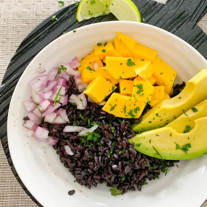 Avocado & Mango Purple Rice Salad  with Cilantro-Lime Dressing