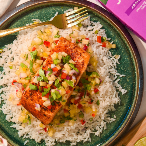 Coconut Rice with Pineapple Salsa and Grilled Salmon