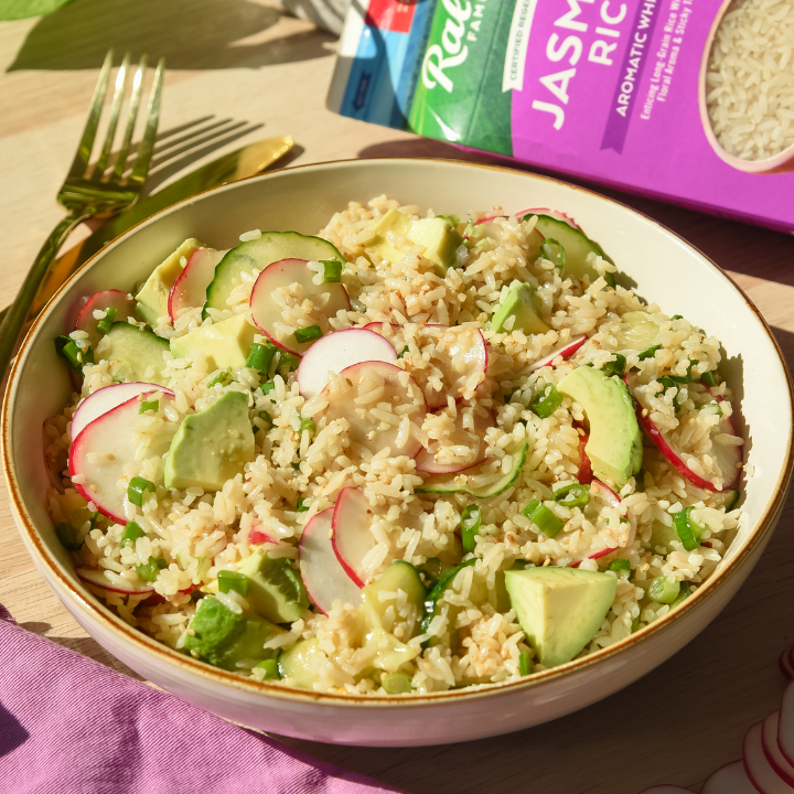 Radish Avocado Rice with Garlic Chili Oil Dressing