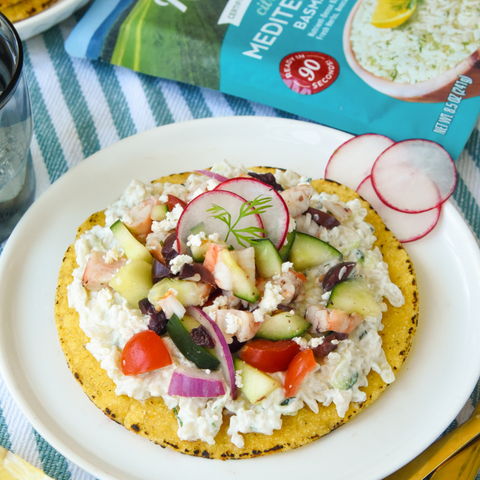 Mediterranean Shrimp Tostadas with Tzatziki Rice