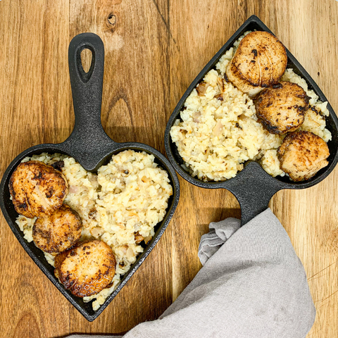 Sage Butter Seared Scallops with Creamy Brie & Roasted Garlic Golden Rice