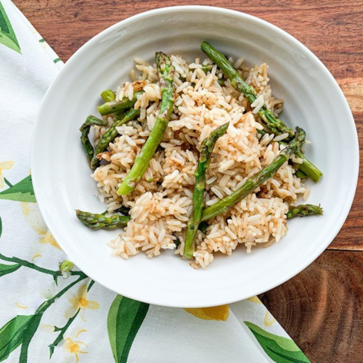 Cheesy Jasmine Rice with Garlic Buttered Asparagus