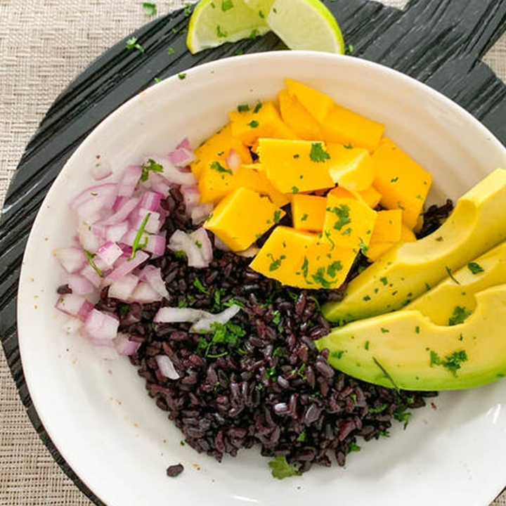 Avocado and Purple Rice Salad with Cilantro Lime Dressing recipe served on plate