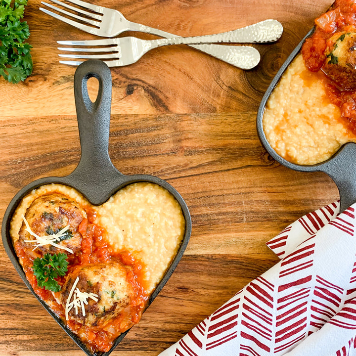 Chicken Parmesan Meatballs and Grits recipe served in heart kettle