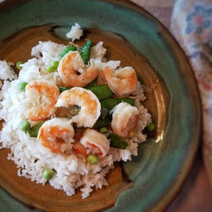 Coconut Rice and Shrimp recipe served on a plate