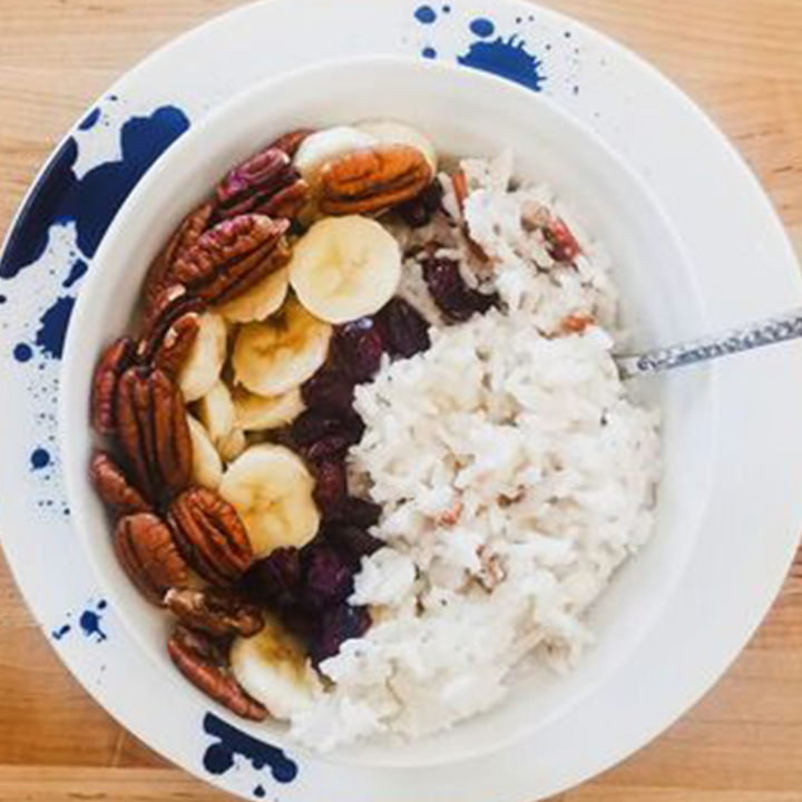 Golden Rice Pecan Porridge recipe served on a bowl