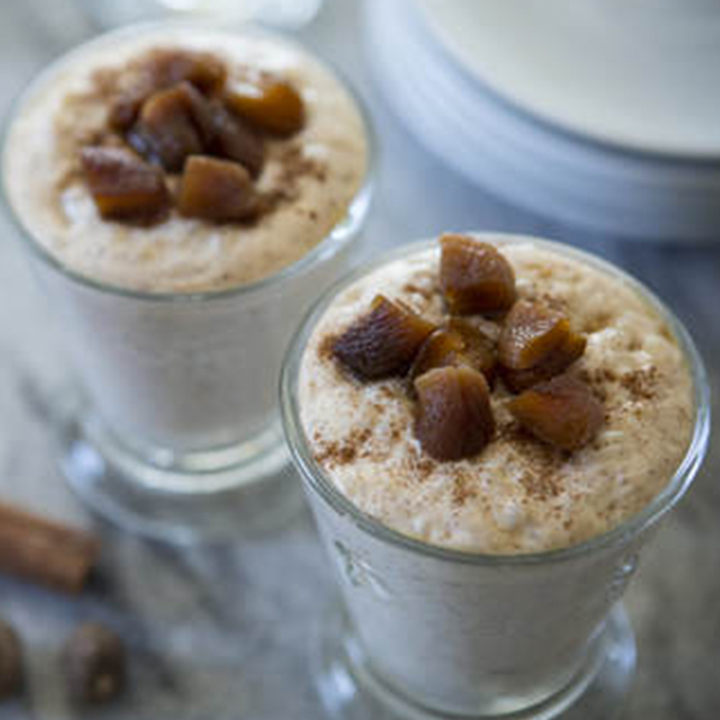 Maple Walnut Rice Pudding recipe serve in tall glass cups